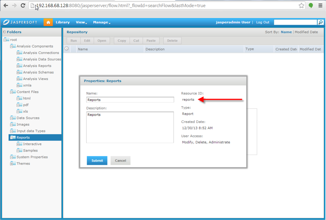 Properties dialog showing Resource ID for Reports folder