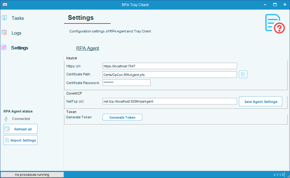 RPA Tray Client Settings screen showing the RPA Agent tab and the Https Url field