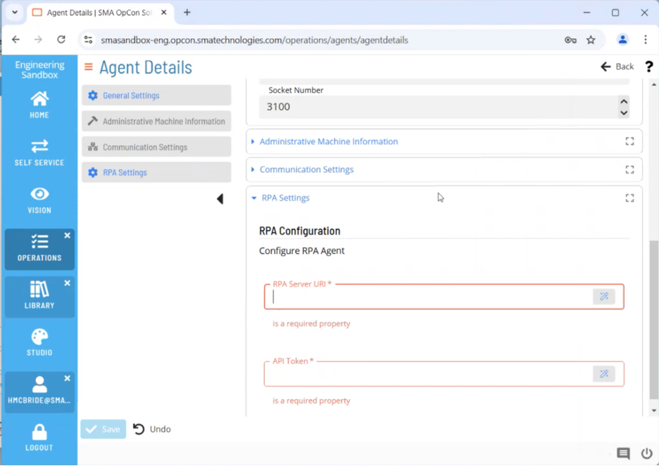 Solution Manager RPA Settings section showing the RPA Server URI field