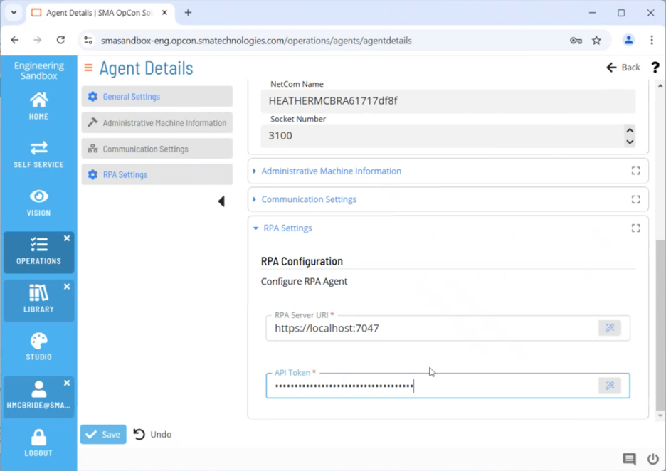 Solution Manager RPA Settings section showing the API Token field