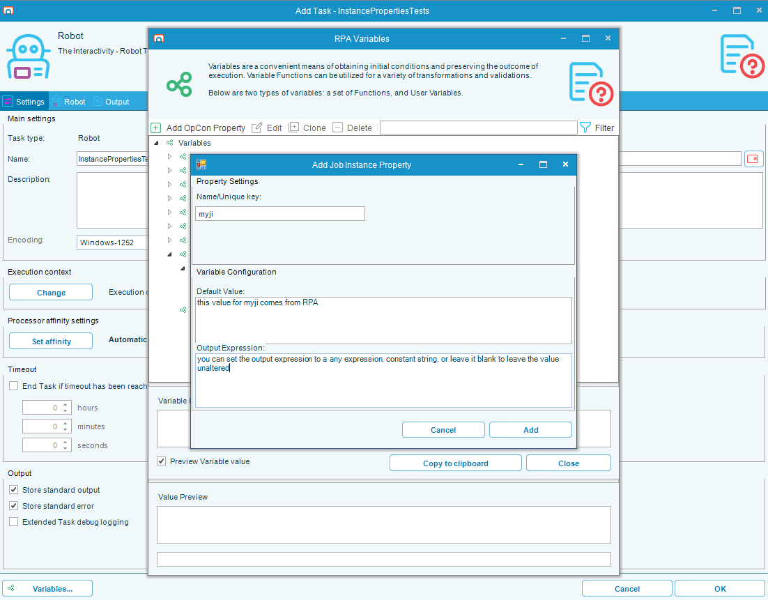 RPA edit form showing an Output Expression that assigns a constant string