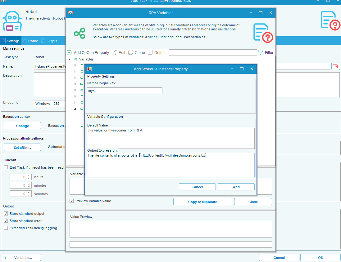 RPA edit form showing an Output Expression that uses a Builtin Function to read airports.txt