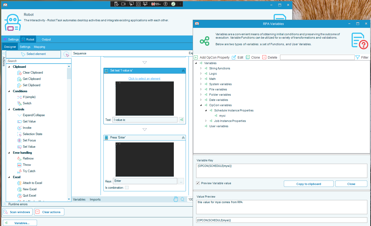 RPA Variables screen with the Instance Property selected