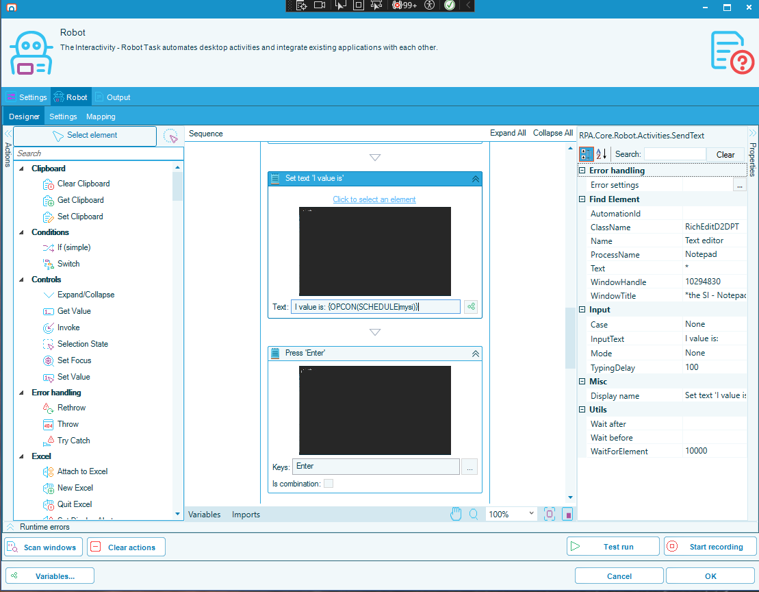 RPA task step that references the Instance Property using the OPCON expression syntax