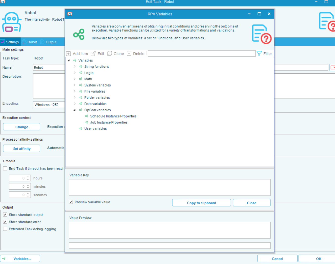 RPA Variables screen showing the OpCon Variables section with Schedule and Job Instance Property entries