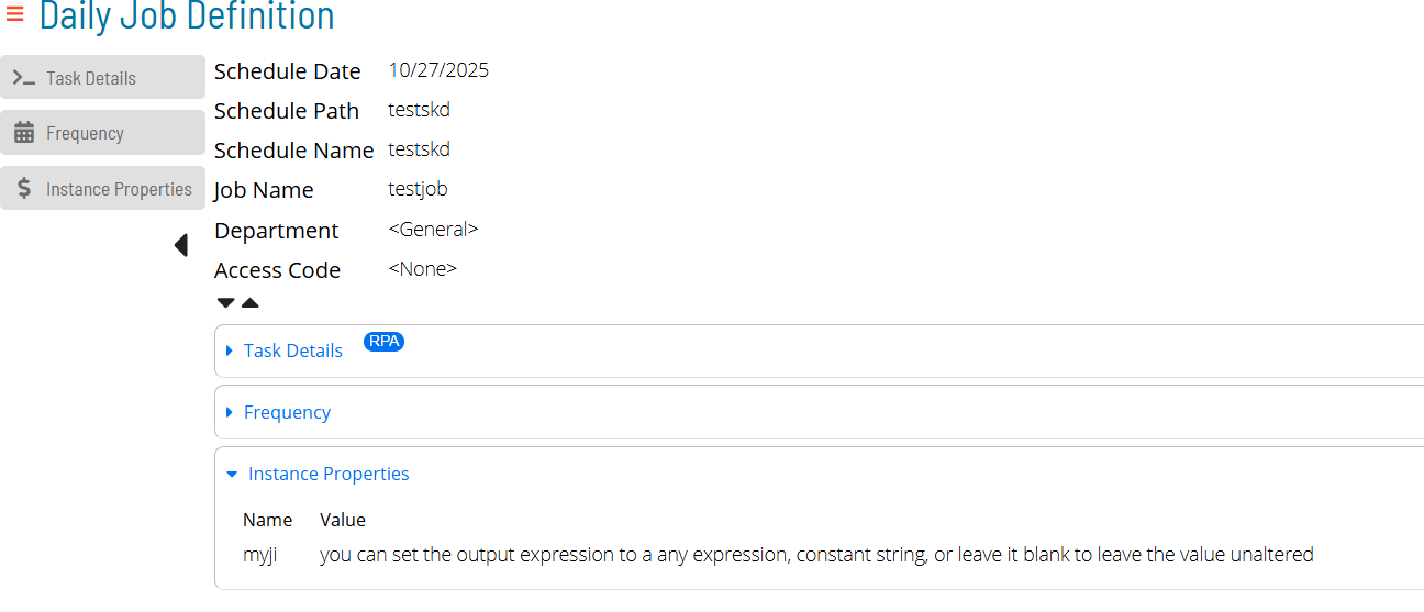 Solution Manager Daily Job screen showing the Instance Property updated by the Output Expression