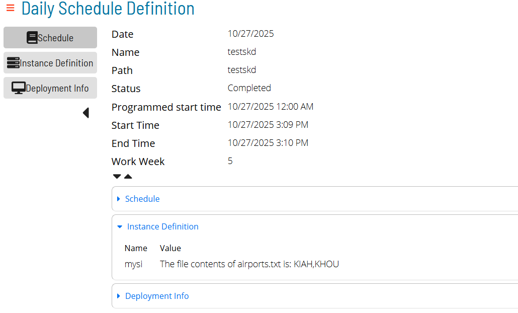 Solution Manager Daily Schedule screen showing the Instance Property updated by the Output Expression