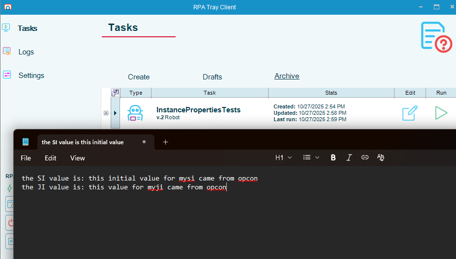 RPA task output when started by Solution Manager: Notepad showing the OpCon-supplied Instance Property values