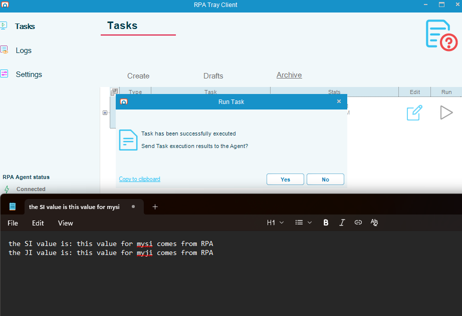 RPA Task Grid run output: Notepad showing the Instance Property default values printed by the task