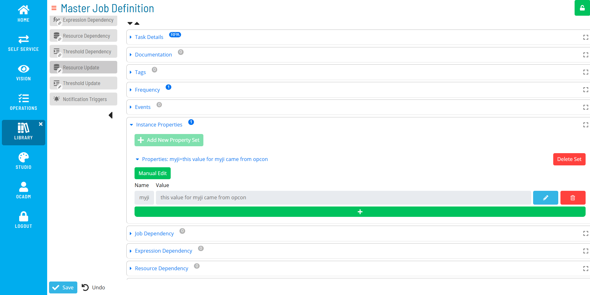 Solution Manager Master Job Definition page with a Job Instance Property added