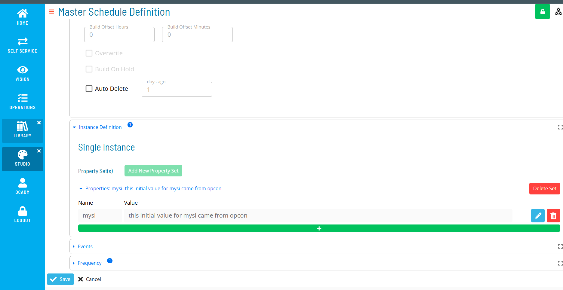 Solution Manager Master Job Definition page with a Schedule Instance Property added