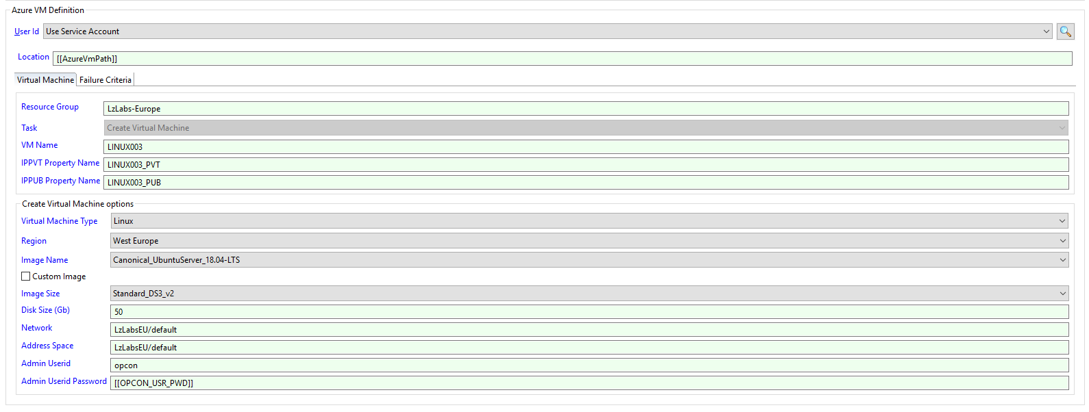 AzureVM job sub-type form