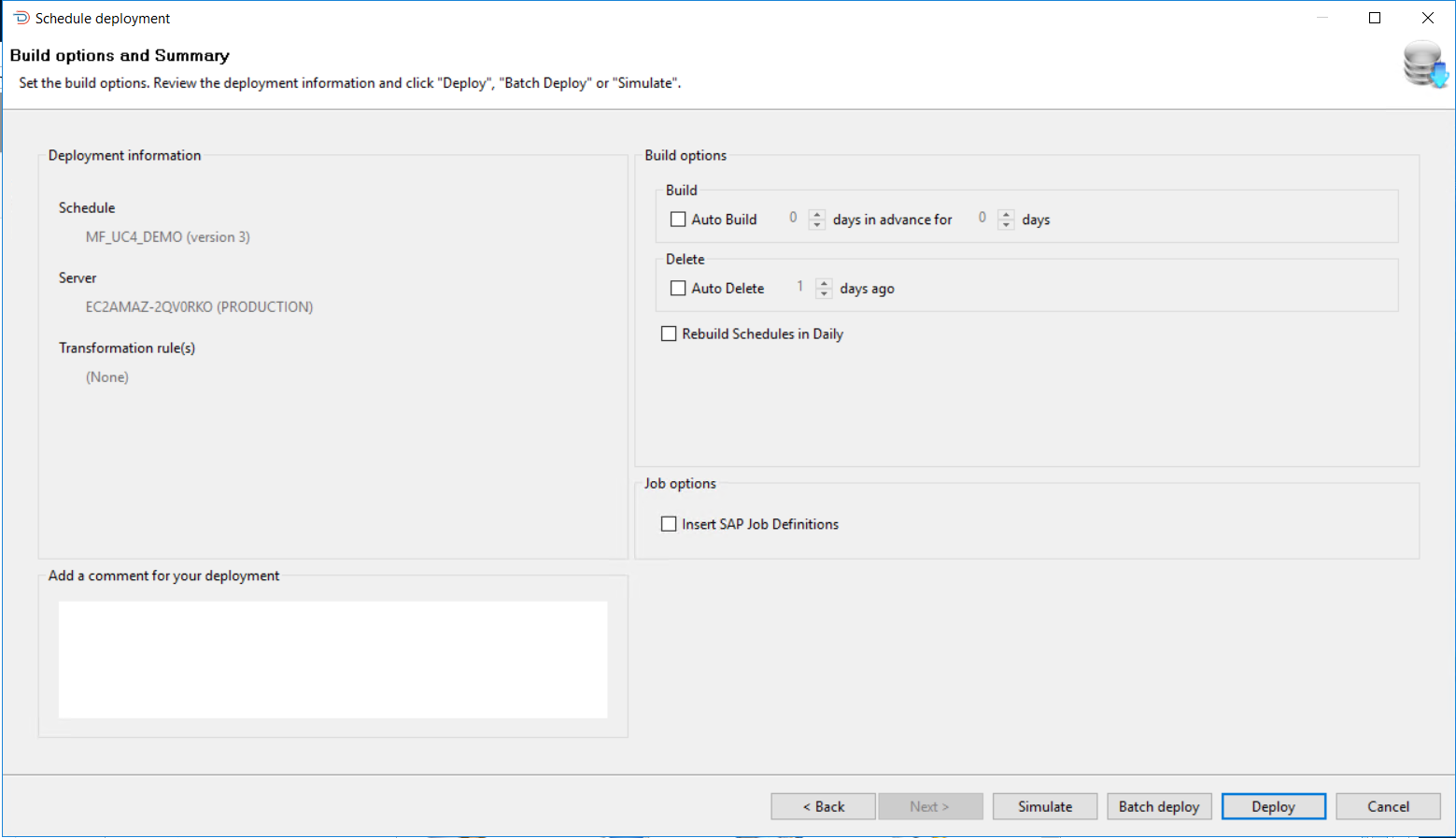 Deployment Summary Dialog