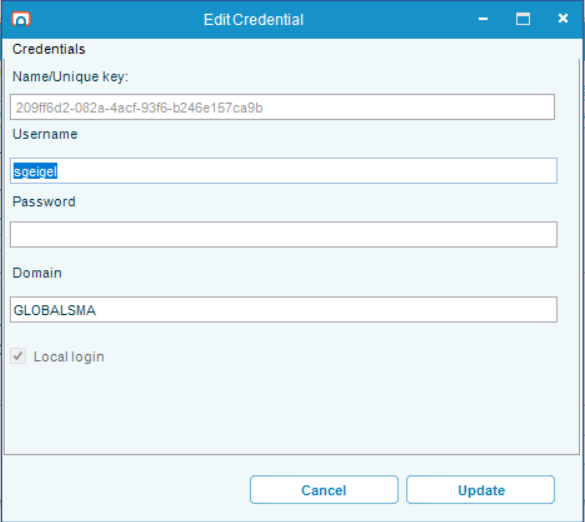 Edit credentials window showing the Windows session details (read-only)