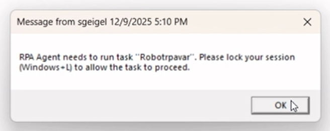RPA warning window when a different user is logged in