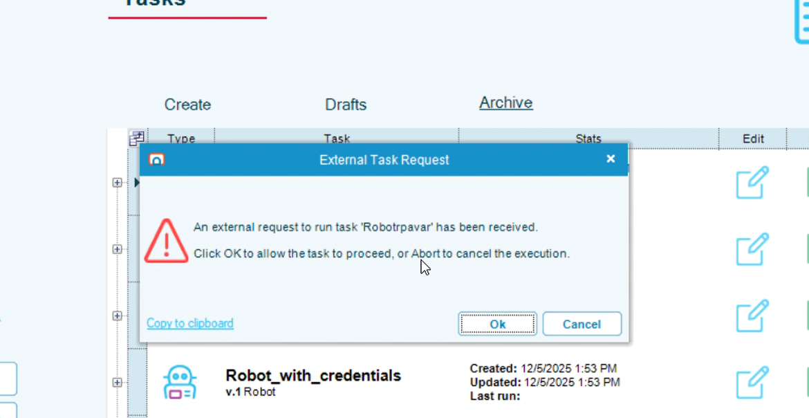 RPA confirmation window when the same user is logged in