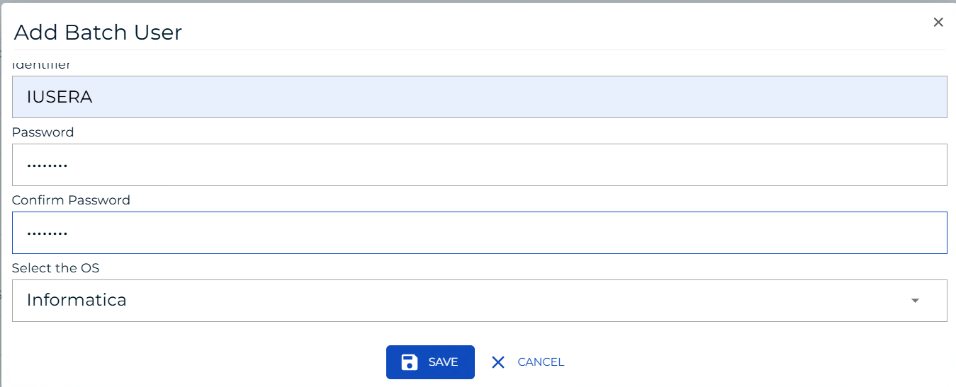 Solution Manager Batch Users page showing an Informatica batch user definition