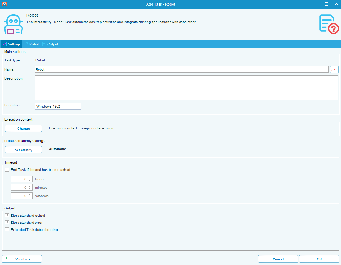 Robot Task main form in the OpCon RPA UI