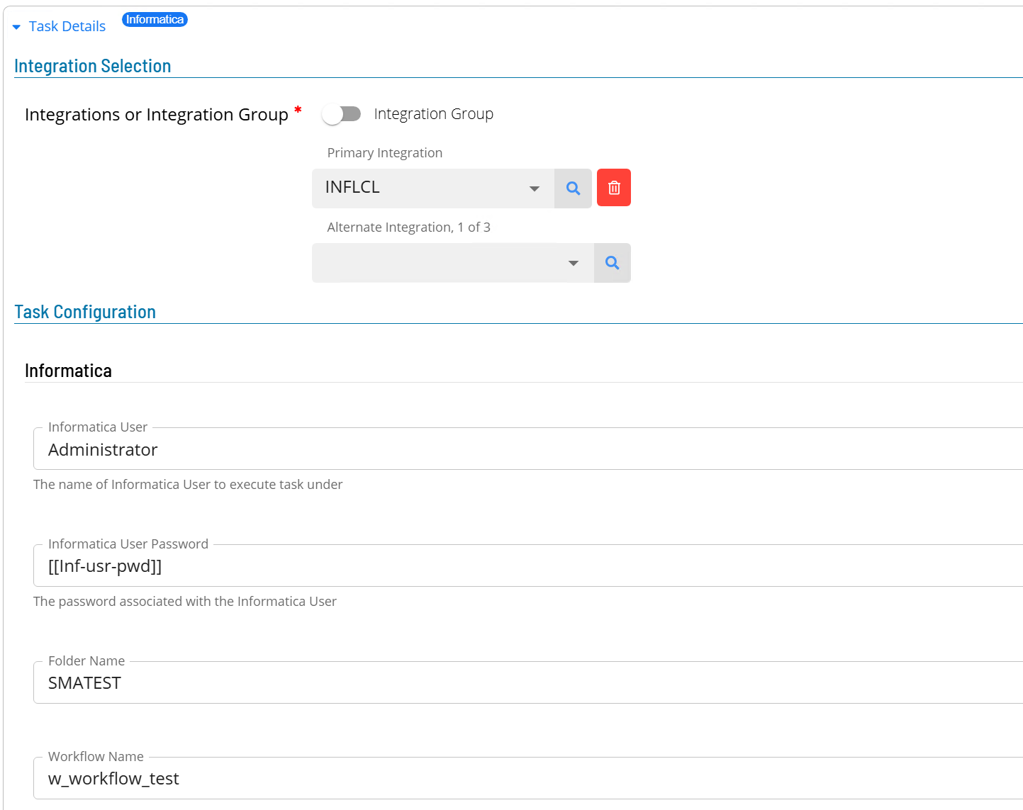Solution Manager Master Jobs page showing the Informatica Run task configuration